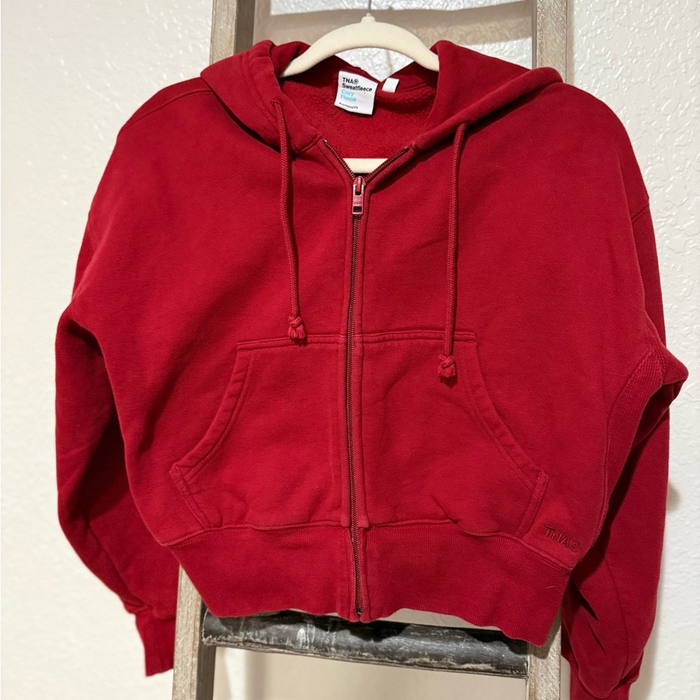 Aritzia Red Zip-Up Hooded Sweatshirt